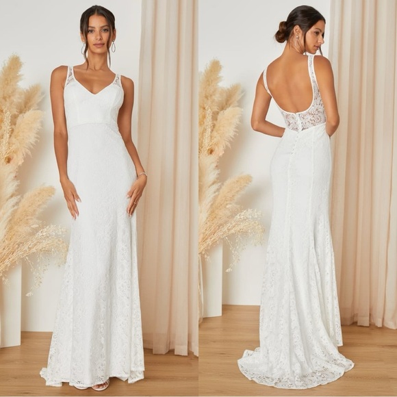 Sz‎ M - NWOT Lulus Beloved Eternity White Lace Sleeveless Backless Maxi Dress - Picture 1 of 9